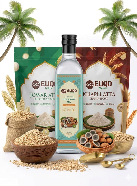 Farmer Combo 1 – Jowar Flour (2Kg), Ancient Khapali Atta (2Kg) & Coconut Oil (1L)| Healthy Combo