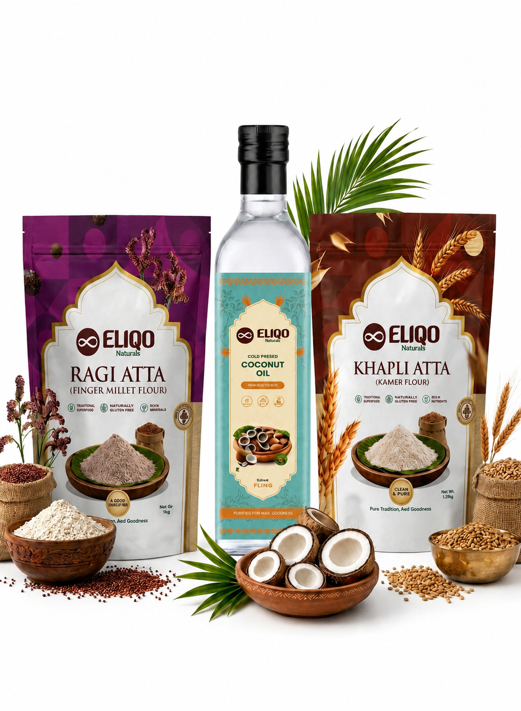 Farmer Combo 2 – Ragi Flour (2Kg), Ancient Khapali Wheat (2Kg) & Coconut Oil (1L)| Healthy Combo