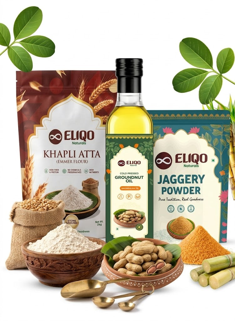 Daily Kitchen Combo – Jaggery Powder (500g), Groundnut Oil (1L) & Khapali Wheat Flour (2Kg) | Natural Essentials