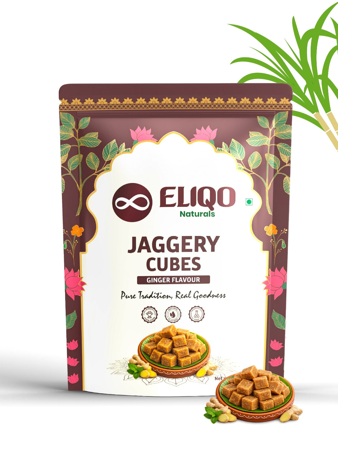 Jaggery cubes ginger pouch front – natural desi gur with ginger packaging