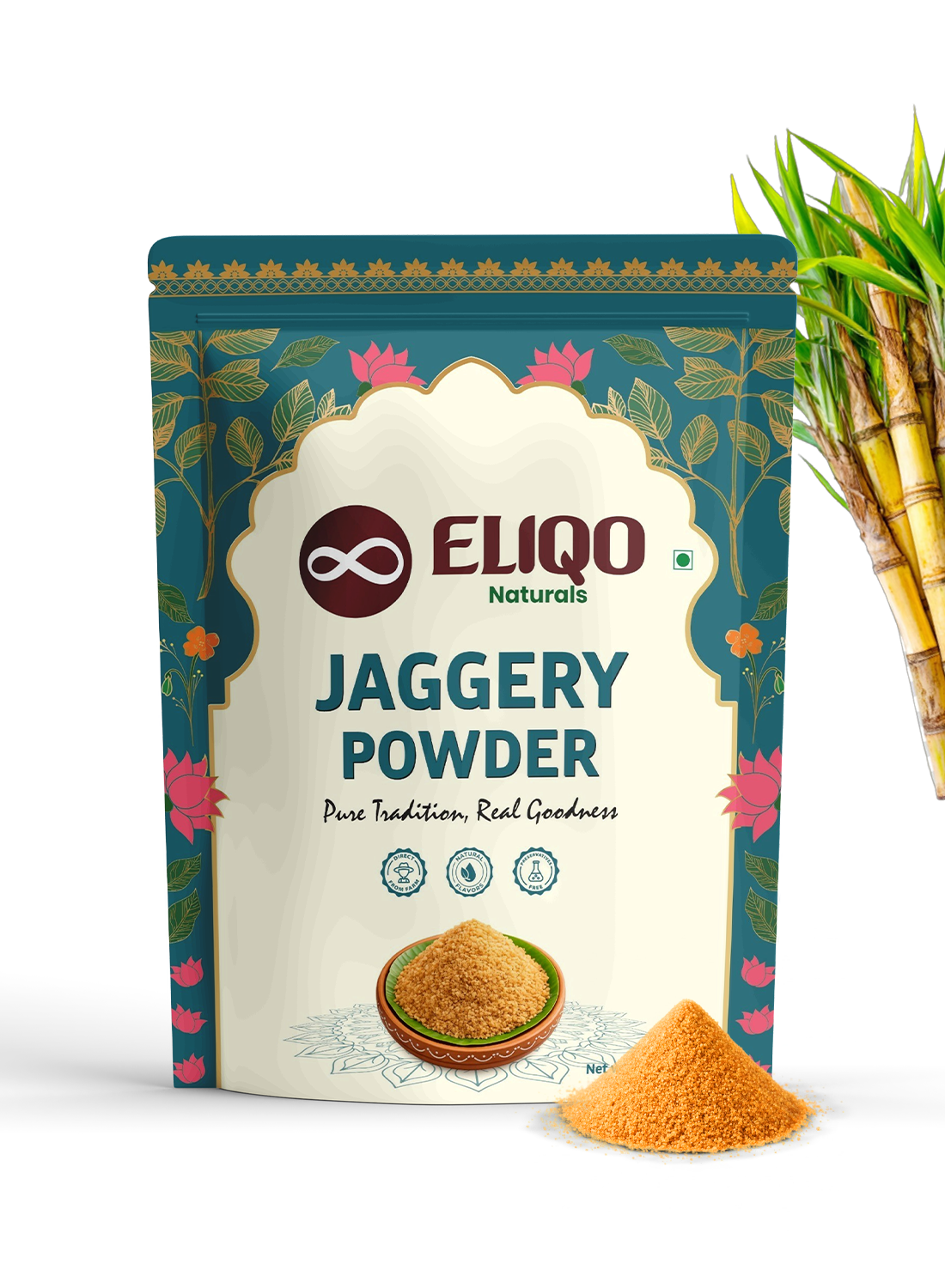 Organic jaggery powder pouch front – natural unrefined desi gur packaging