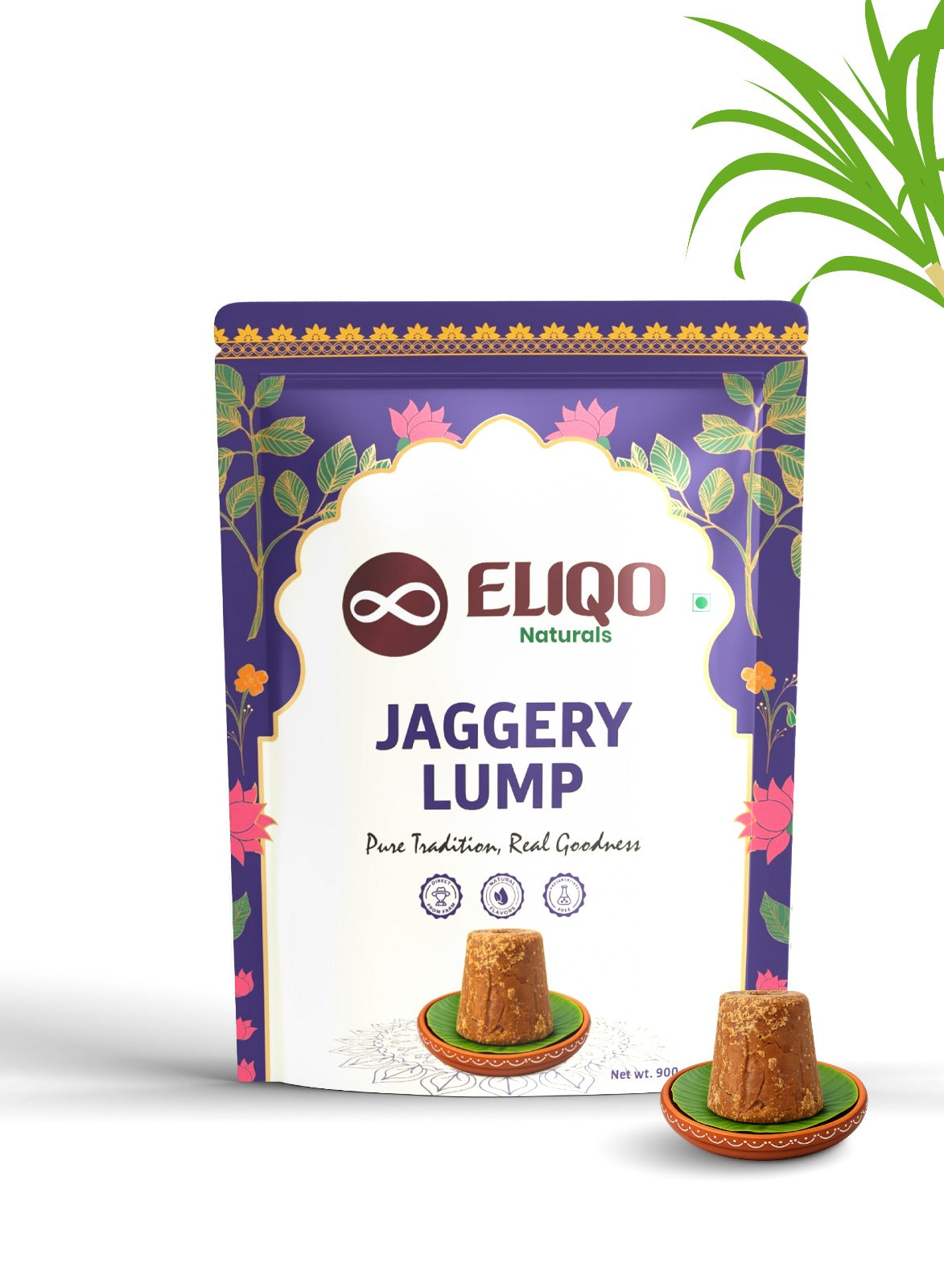 Organic jaggery lump pouch front – pure unrefined desi gur packaging