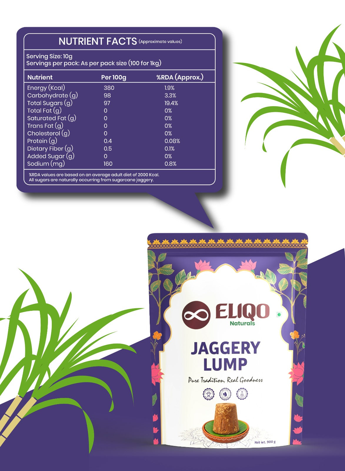Jaggery lump nutrition facts – calories, iron, and mineral content chart